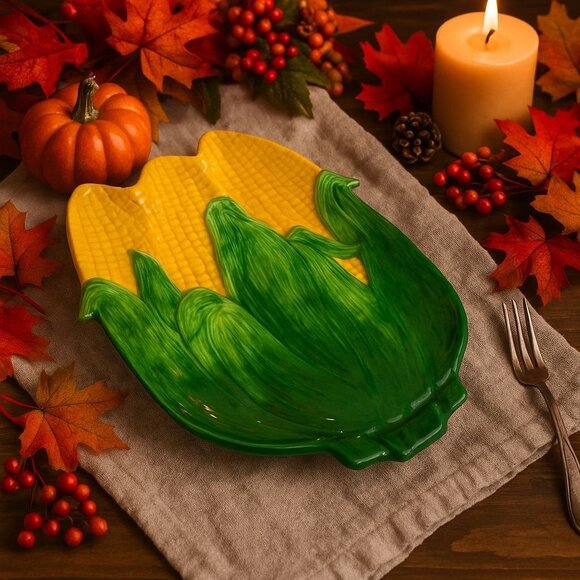 Corn Ceramic Serving Platter Retro Farmhouse Table Decor VTG Kitchen Dish BBQ - Picture 1 of 13